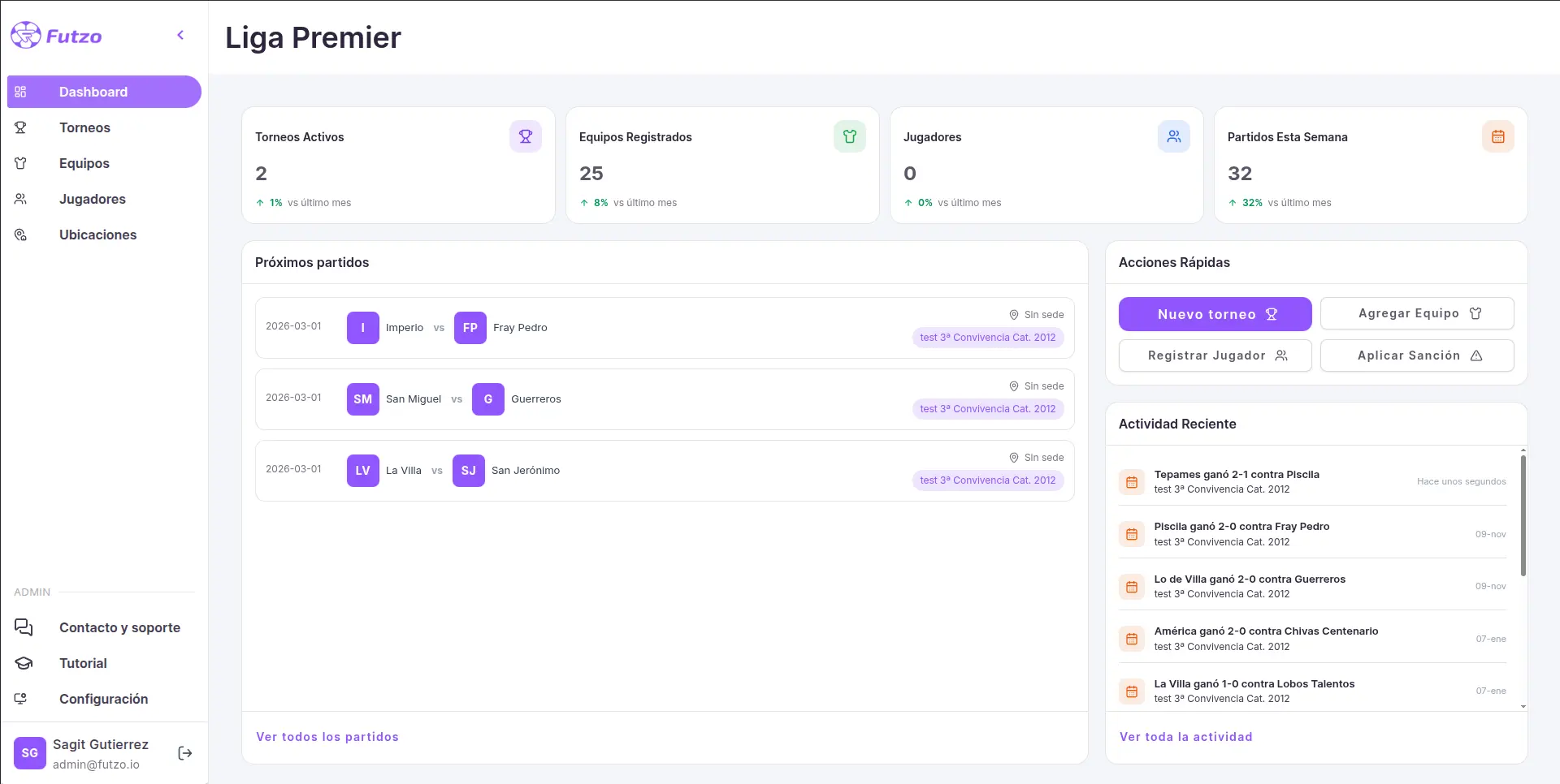 Vista del dashboard principal de Futzo