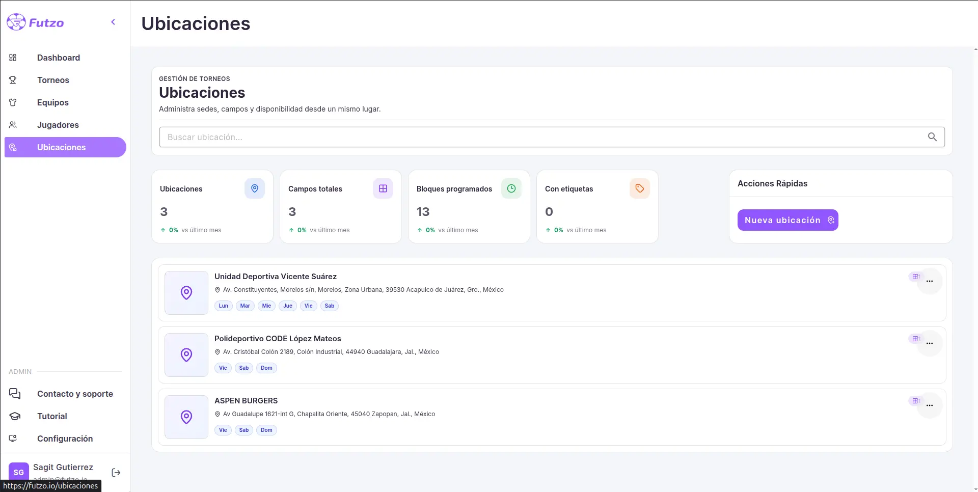 Vista de sedes y campos de juego en Futzo
